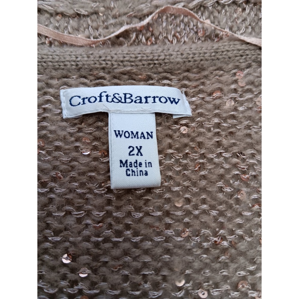 Croft & Barrow Womens Cardigan Sweater 2X Tan Sequin Open Front Knit - Picture 3 of 10